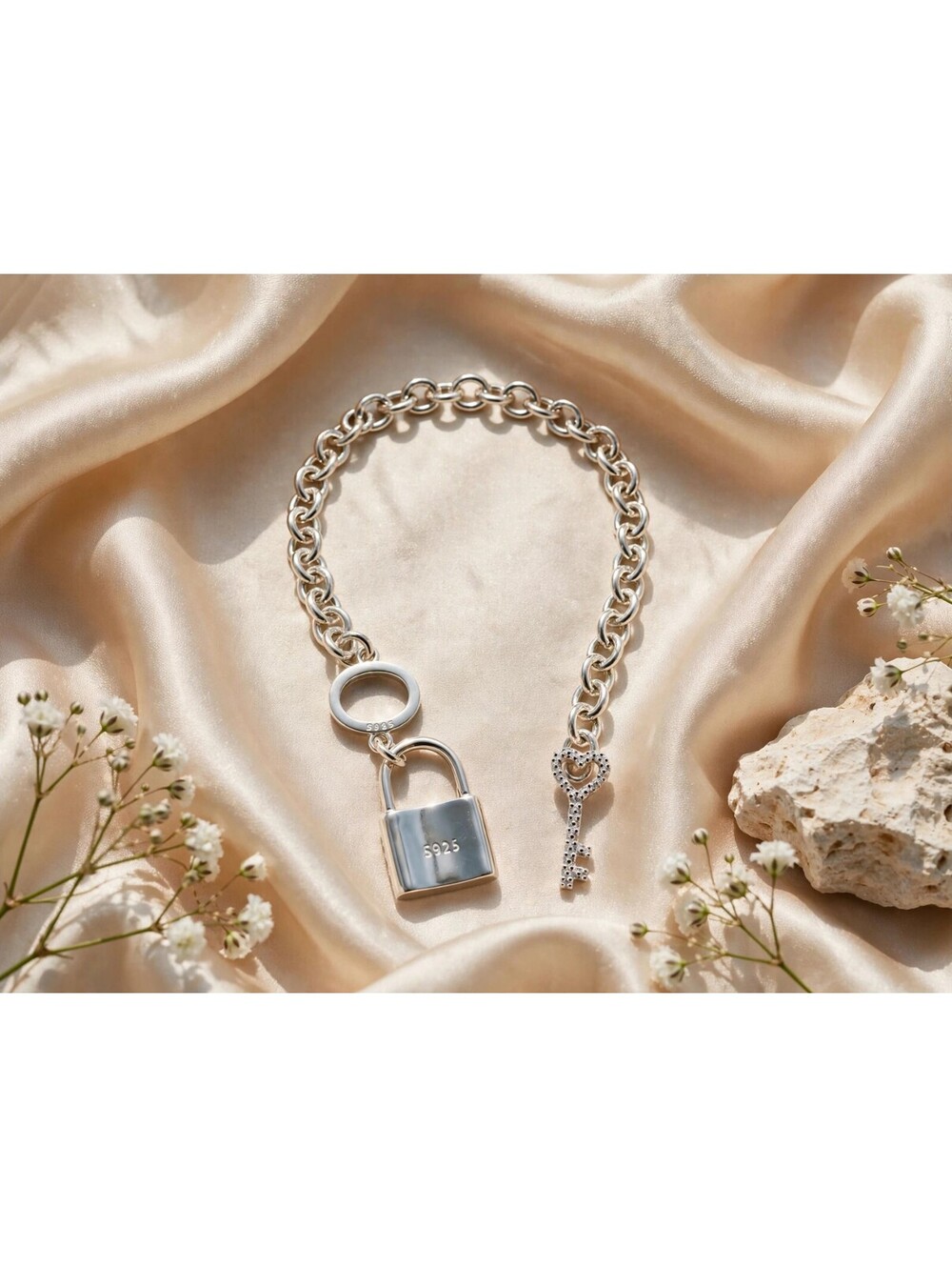 S925 Sterling Silver Padlock Key Charm Bracelet 7 Inch